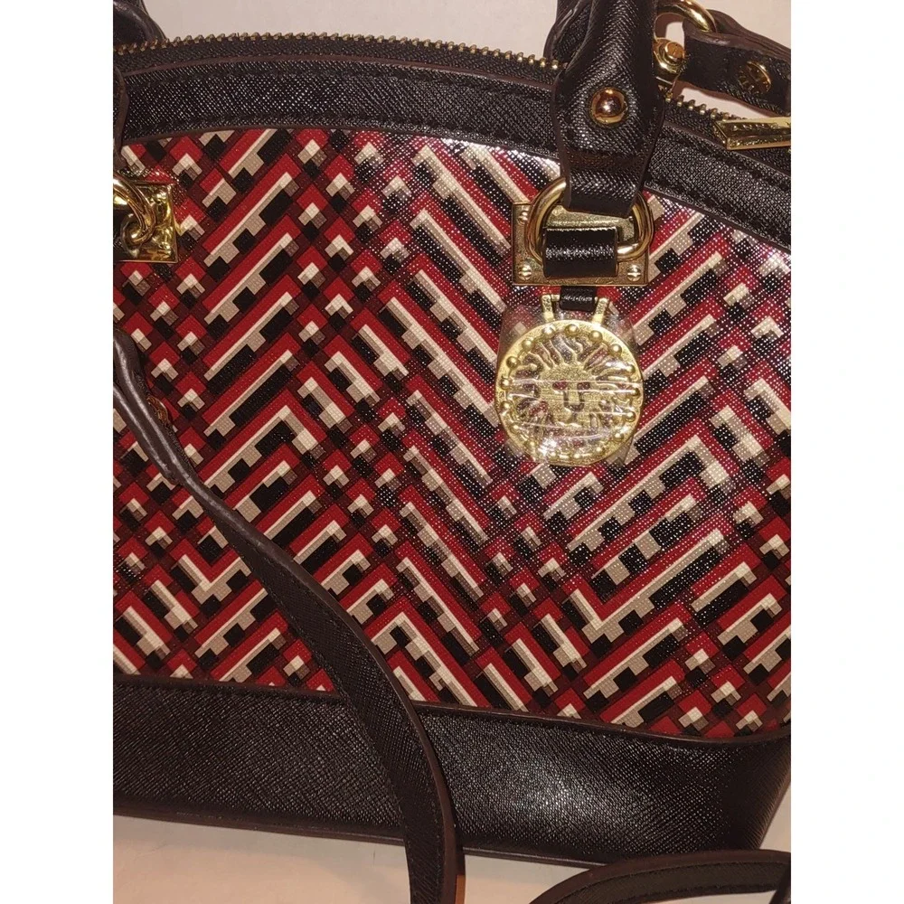 Anne Klein Womens Satchel Handbag Purse Geometric Print Black Red Gold 9x4x7
